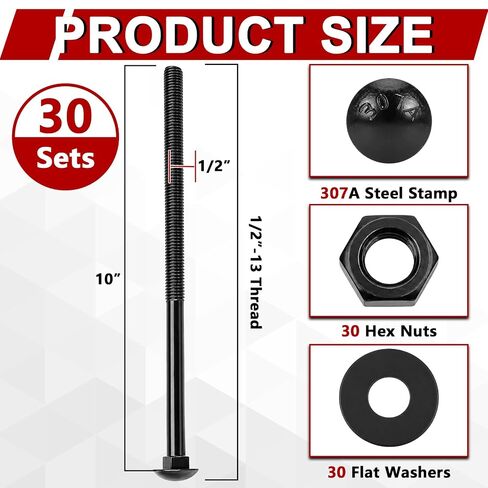 Therwen 30 Pack 1/2" x 10" Black Ceramic Anti-Corrosion Coated Carriage Bolt Kit, Grade 307A, 6" Thread Length, Exterior Wood Construction, Includes 30 Bolts, USS Flat Washers and Hex Nuts in Kuwait