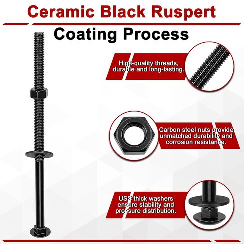 Therwen 30 Pack 1/2" x 10" Black Ceramic Anti-Corrosion Coated Carriage Bolt Kit, Grade 307A, 6" Thread Length, Exterior Wood Construction, Includes 30 Bolts, USS Flat Washers and Hex Nuts in Kuwait