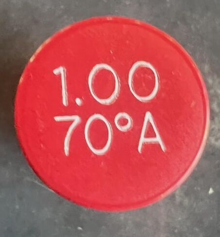 Oil Burner Nozzle, 1.00 70 A, Hollow Spray Red Cap 1.00 70A Oil Nozzle 1.00 Gallons per minute with a hollow 70 degree Spray in Kuwait