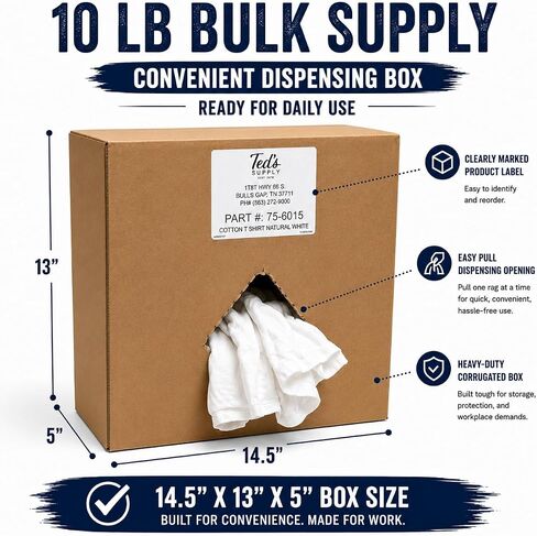خرق تي شيرت بيضاء من Ted's Supply، صندوق كبير بوزن 10 رطل - خرق متجر من خليط القطن المحبوك المعاد تدويره للسيارات والصيانة الصناعية والزيوت والشحوم والطلاء وتنظيف المعدات in Kuwait
