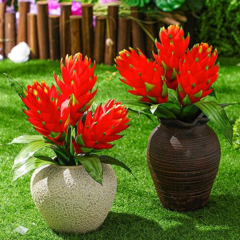 Hotop 2 حزم مزدوجة بروميلياد زهرة اصطناعية 16 بوصة نباتات الزهور الاستوائية الاصطناعية لتزيين الطبيعة في الأماكن المغلقة في الهواء الطلق in Kuwait