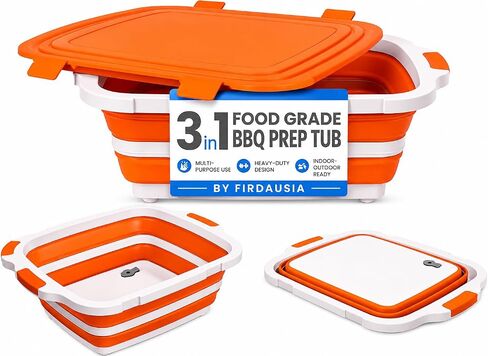 Collapsible BBQ Tub - 8L Collapsible Cutting Board, Cutting Board with Locking Lids with Built-In Cutting Board, Lid & Strainer, Portable Folding Bucket for Barbecue Outdoor Use- 1 Pack in Kuwait