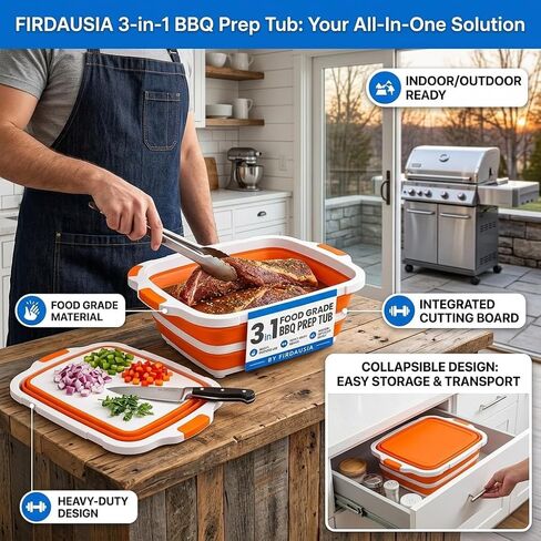 Collapsible BBQ Tub - 8L Collapsible Cutting Board, Cutting Board with Locking Lids with Built-In Cutting Board, Lid & Strainer, Portable Folding Bucket for Barbecue Outdoor Use- 1 Pack in Kuwait