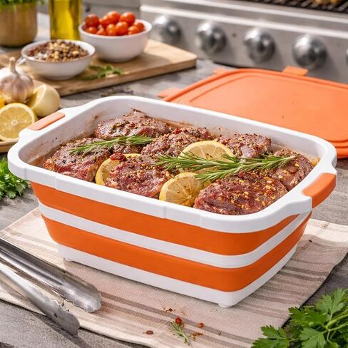 Collapsible BBQ Tub - 8L Collapsible Cutting Board, Cutting Board with Locking Lids with Built-In Cutting Board, Lid & Strainer, Portable Folding Bucket for Barbecue Outdoor Use- 1 Pack in Kuwait