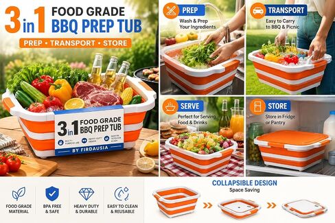 Collapsible BBQ Tub - 8L Collapsible Cutting Board, Cutting Board with Locking Lids with Built-In Cutting Board, Lid & Strainer, Portable Folding Bucket for Barbecue Outdoor Use- 1 Pack in Kuwait
