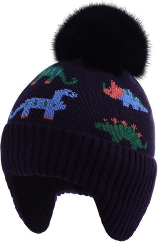 ACTLATI Kids Beanie with Ear Flaps for Boys Girls Pom Knit Hats Fleece Lining Winter Outdoor Skull Snow Ski Cap Age 2-10 in Kuwait