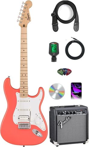 Fender Squier Sonic Stratocaster - حزمة Sienna Sunburst مع موالف وحزام ولقطات وأقراص DVD التعليمية لأوستن بازار in Kuwait