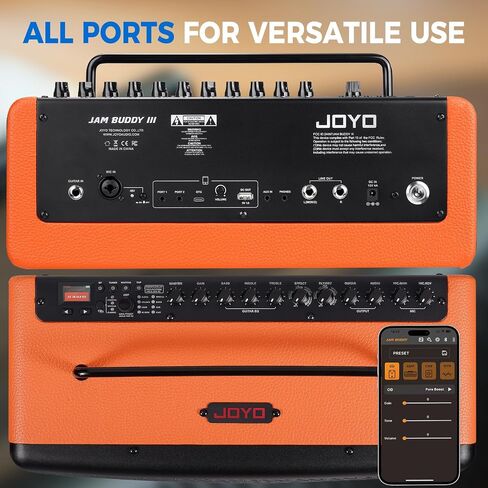 JOYO 40W Desktop Amp for Acoustic/Electric/Bass Guitar & Mic Live Streaming & Studio Recording with 52 Amp Sims & 49 FX, XLR+48V, Looper, Drum Machine, Wireless Receiver & App (JAM Buddy III Orange) in Kuwait