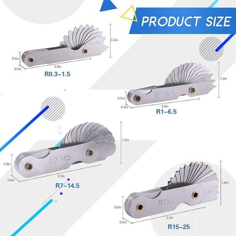 4 عبوات R0.3-1.5/ R1-6.5/ R7-14.5/ R15-25 مجموعة قياس نصف القطر، أداة قياس محدبة مقعرة محمولة من الفولاذ المقاوم للصدأ لصانعي الأدوات والقالب in Kuwait