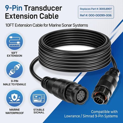 000-00099-006 3005.6907 Replacement 9 Pin Transducer Extension Cable, 10FT Male to Female Waterproof Cord for LSS-1 LSS-HD LSS-2 xSonic HDI ForwardScan TotalScan in Kuwait