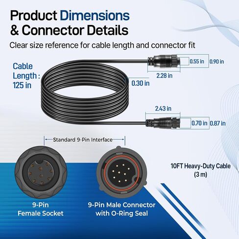 000-00099-006 3005.6907 Replacement 9 Pin Transducer Extension Cable, 10FT Male to Female Waterproof Cord for LSS-1 LSS-HD LSS-2 xSonic HDI ForwardScan TotalScan in Kuwait
