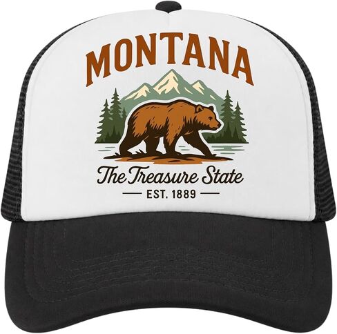 Montana Kids Trucker Hat, Treasure State Bear Hat for Boys Girls Ages 3-8, Toddler Baseball Cap White and Black in Kuwait