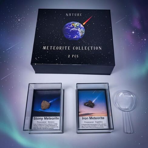 Authentic Meteorite Gift Set – 2 Real Space Specimens (1–3g Each) in Gift Box with Acrylic Display Case & Magnifying Glass – Argentina Iron & Morocco Stone Meteorites in Kuwait