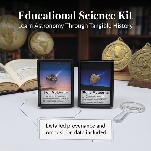 Authentic Meteorite Gift Set – 2 Real Space Specimens (1–3g Each) in Gift Box with Acrylic Display Case & Magnifying Glass – Argentina Iron & Morocco Stone Meteorites in Kuwait
