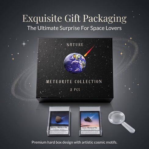Authentic Meteorite Gift Set – 2 Real Space Specimens (1–3g Each) in Gift Box with Acrylic Display Case & Magnifying Glass – Argentina Iron & Morocco Stone Meteorites in Kuwait