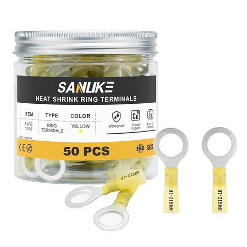 Sanuke 50 قطعة 12-10 AWG أصفر 1/2" أطراف حلقية مقاومة للحرارة - موصلات أسلاك نحاسية معزولة ومقاومة للماء - موصلات طرفية من الدرجة البحرية in Kuwait