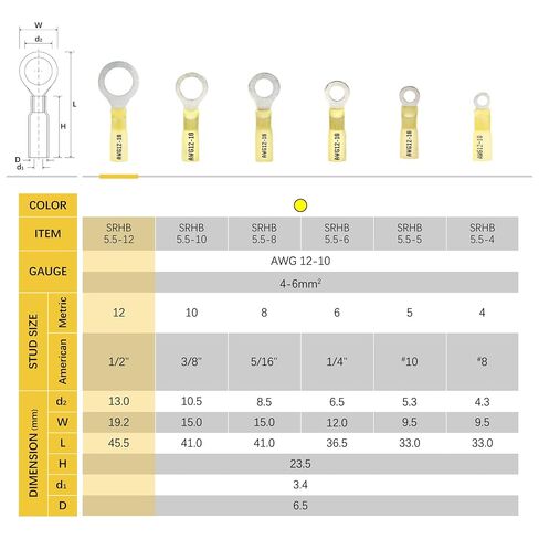 Sanuke 50 قطعة 12-10 AWG أصفر 1/2" أطراف حلقية مقاومة للحرارة - موصلات أسلاك نحاسية معزولة ومقاومة للماء - موصلات طرفية من الدرجة البحرية in Kuwait