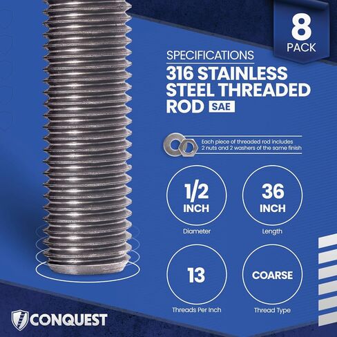 قضيب ملولب من الفولاذ المقاوم للصدأ من نوع Conquest 316 مقاس 1/2 بوصة - 13 × 36 بوصة (8 عبوات) - قضبان خشنة ذات خيوط كاملة للاستخدام البحري والصناعي والخارجي in Kuwait