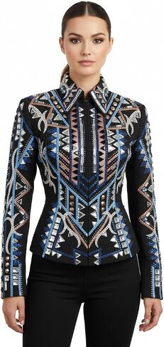 Women's Western Show Jacket - Black, Blue, and Gold Horsemanship Apparel with Crystals, Studs, and Appliqué in Kuwait