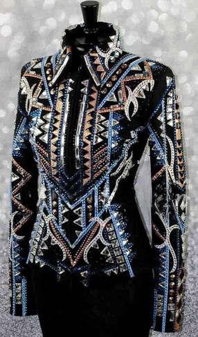 Women's Western Show Jacket - Black, Blue, and Gold Horsemanship Apparel with Crystals, Studs, and Appliqué in Kuwait