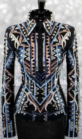 Women's Western Show Jacket - Black, Blue, and Gold Horsemanship Apparel with Crystals, Studs, and Appliqué in Kuwait