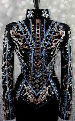Women's Western Show Jacket - Black, Blue, and Gold Horsemanship Apparel with Crystals, Studs, and Appliqué in Kuwait
