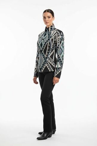 Women's Western Show Jacket Aztec Geometric Pattern Black Teal Gold Rhinestone Embellished Equestrian Competition in Kuwait