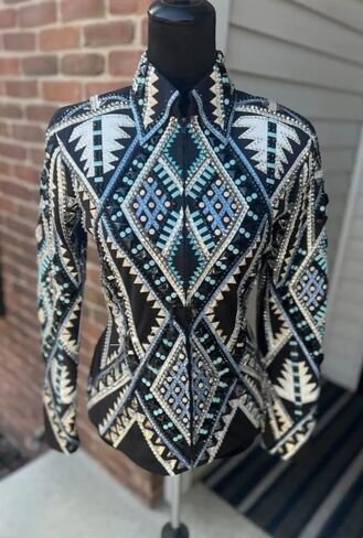 Women's Western Show Jacket Aztec Geometric Pattern Black Teal Gold Rhinestone Embellished Equestrian Competition in Kuwait