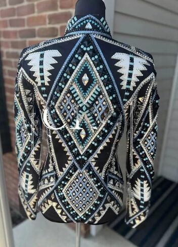 Women's Western Show Jacket Aztec Geometric Pattern Black Teal Gold Rhinestone Embellished Equestrian Competition in Kuwait