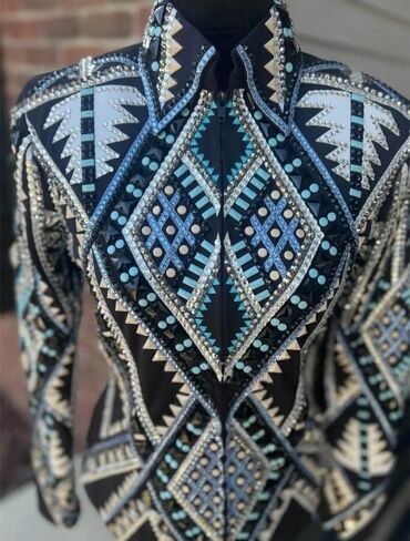 Women's Western Show Jacket Aztec Geometric Pattern Black Teal Gold Rhinestone Embellished Equestrian Competition in Kuwait