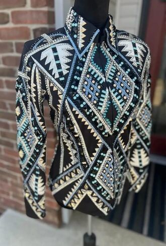 Women's Western Show Jacket Aztec Geometric Pattern Black Teal Gold Rhinestone Embellished Equestrian Competition in Kuwait