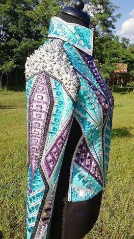 Women's Western Show Jacket with Crystal Rhinestones & Silver Spikes – Handmade Horse Show Equestrian Competition Coat in Kuwait