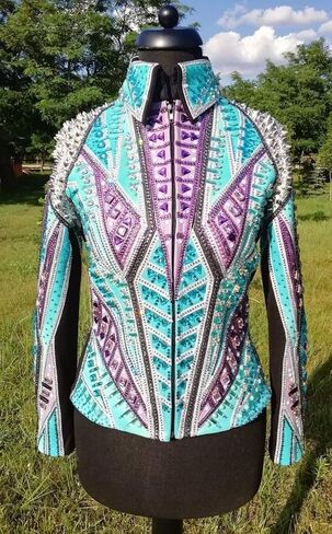 Women's Western Show Jacket with Crystal Rhinestones & Silver Spikes – Handmade Horse Show Equestrian Competition Coat in Kuwait