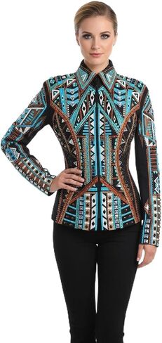 Women's Western Show Jacket Black Turquoise Crystal Embellished Equestrian Horse Show Competition Coat in Kuwait