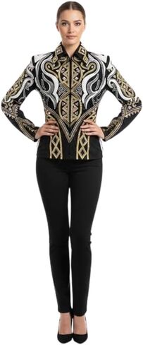 Women's Western Crystal Embellished Equestrian Horse Show Coat | Black Gold Baroque Print Riding Jacket in Kuwait