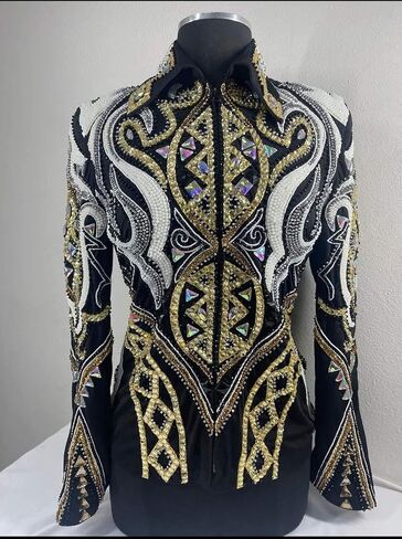 Women's Western Crystal Embellished Equestrian Horse Show Coat | Black Gold Baroque Print Riding Jacket in Kuwait