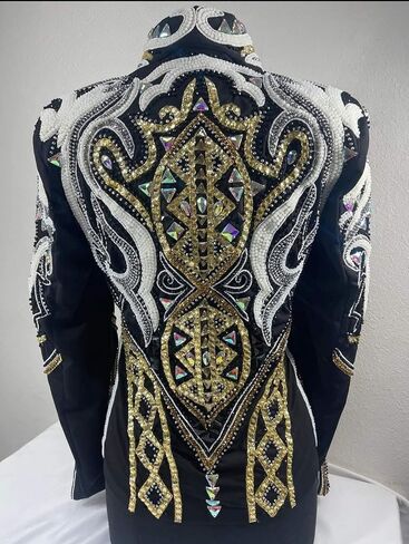 Women's Western Crystal Embellished Equestrian Horse Show Coat | Black Gold Baroque Print Riding Jacket in Kuwait