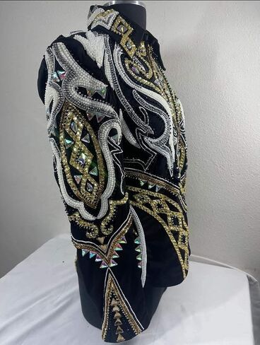 Women's Western Crystal Embellished Equestrian Horse Show Coat | Black Gold Baroque Print Riding Jacket in Kuwait