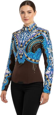 Women's Western Show Jacket - Stunning Black & Blue Horsemanship Jacket with Swarovski Crystals, Gold Studs & Applique in Kuwait