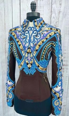 Women's Western Show Jacket - Stunning Black & Blue Horsemanship Jacket with Swarovski Crystals, Gold Studs & Applique in Kuwait