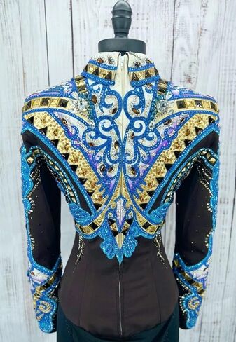 Women's Western Show Jacket - Stunning Black & Blue Horsemanship Jacket with Swarovski Crystals, Gold Studs & Applique in Kuwait