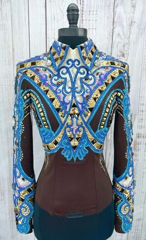 Women's Western Show Jacket - Stunning Black & Blue Horsemanship Jacket with Swarovski Crystals, Gold Studs & Applique in Kuwait