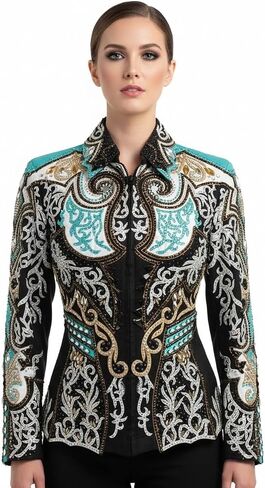 Women's Western Show Jacket Black Teal Gold Rhinestone Embellished in Kuwait