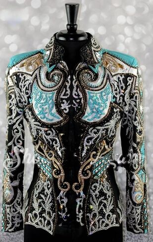 Women's Western Show Jacket Black Teal Gold Rhinestone Embellished in Kuwait