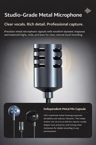 Type-C in-Ear Karaoke Singing Earbuds with Echo & Built-in Mic, Real-Time Monitoring, 3 Reverb Modes, Wired Headphones for TikTok, Smule, StarMaker & Karaoke Apps in Kuwait