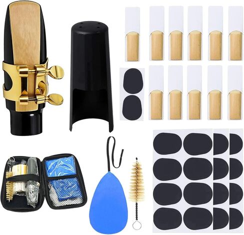 40Pcs Tenor Saxophone Mouthpiece Set Includes 1Pcs Mouthpiece with Gold Sax Ligature Plastic Cap, 11Pcs 2.5 Reeds, 26Pcs Mouthpiece Pads, 1Pcs Cleaning Brushes, Cleaning Cloth, Storage Case in Kuwait