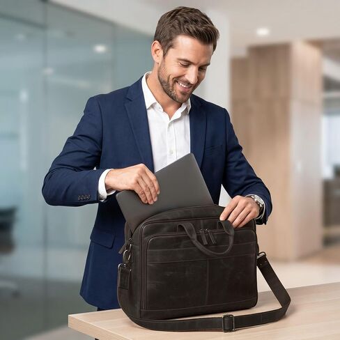 حقيبة M&G BAGS من الجلد الطبيعي للرجال، حقائب كتف للكمبيوتر المحمول مصنوعة يدويًا بسحاب، حزام قابل للتعديل بأقسام متعددة، حقيبة كروس للسفر في المكتب والكلية - 16 بوصة، بني in Kuwait