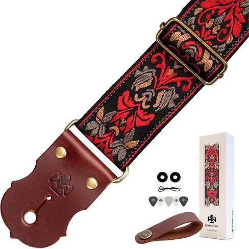 Guitar Strap, Jacquard Embroidery Guitar Straps with Top Real Cowhide Ends Guitar Straps for Electric,Bass and Acoustic Guitars(Black & White Vintage) in Kuwait
