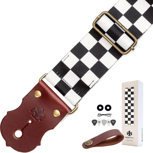 Guitar Strap, Jacquard Embroidery Guitar Straps with Top Real Cowhide Ends Guitar Straps for Electric,Bass and Acoustic Guitars(Black & White Vintage) in Kuwait
