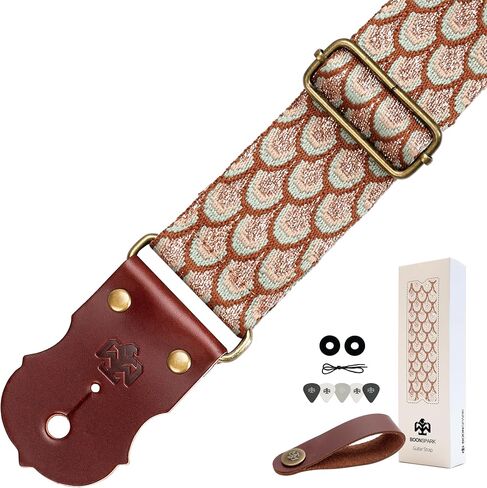 Guitar Strap, Jacquard Embroidery Guitar Straps with Top Real Cowhide Ends Guitar Straps for Electric,Bass and Acoustic Guitars(Black & White Vintage) in Kuwait